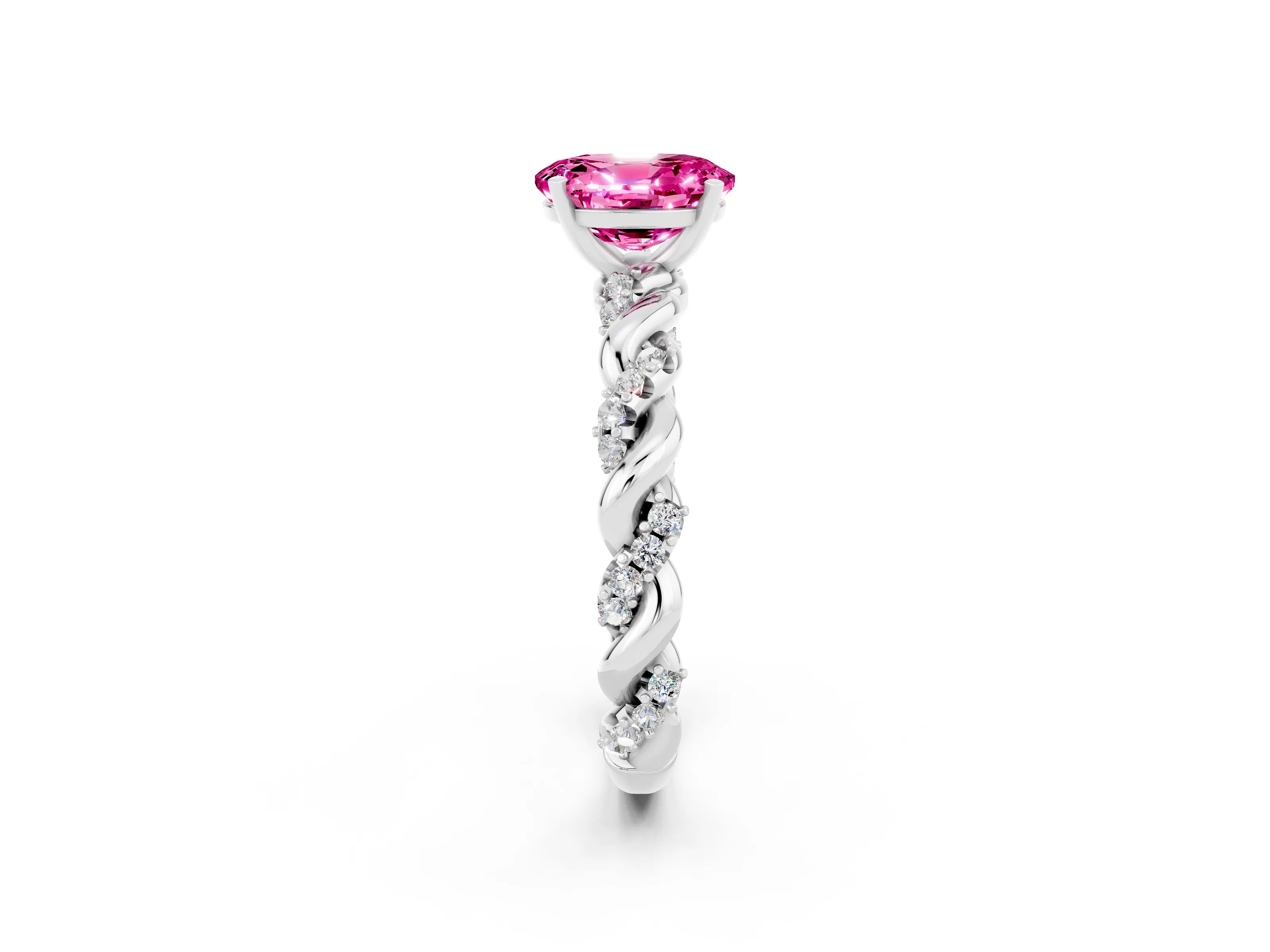 White gold Oval Cut Pink Sapphire Solitaire Ring with Twisted Band and Pavé Accents_2