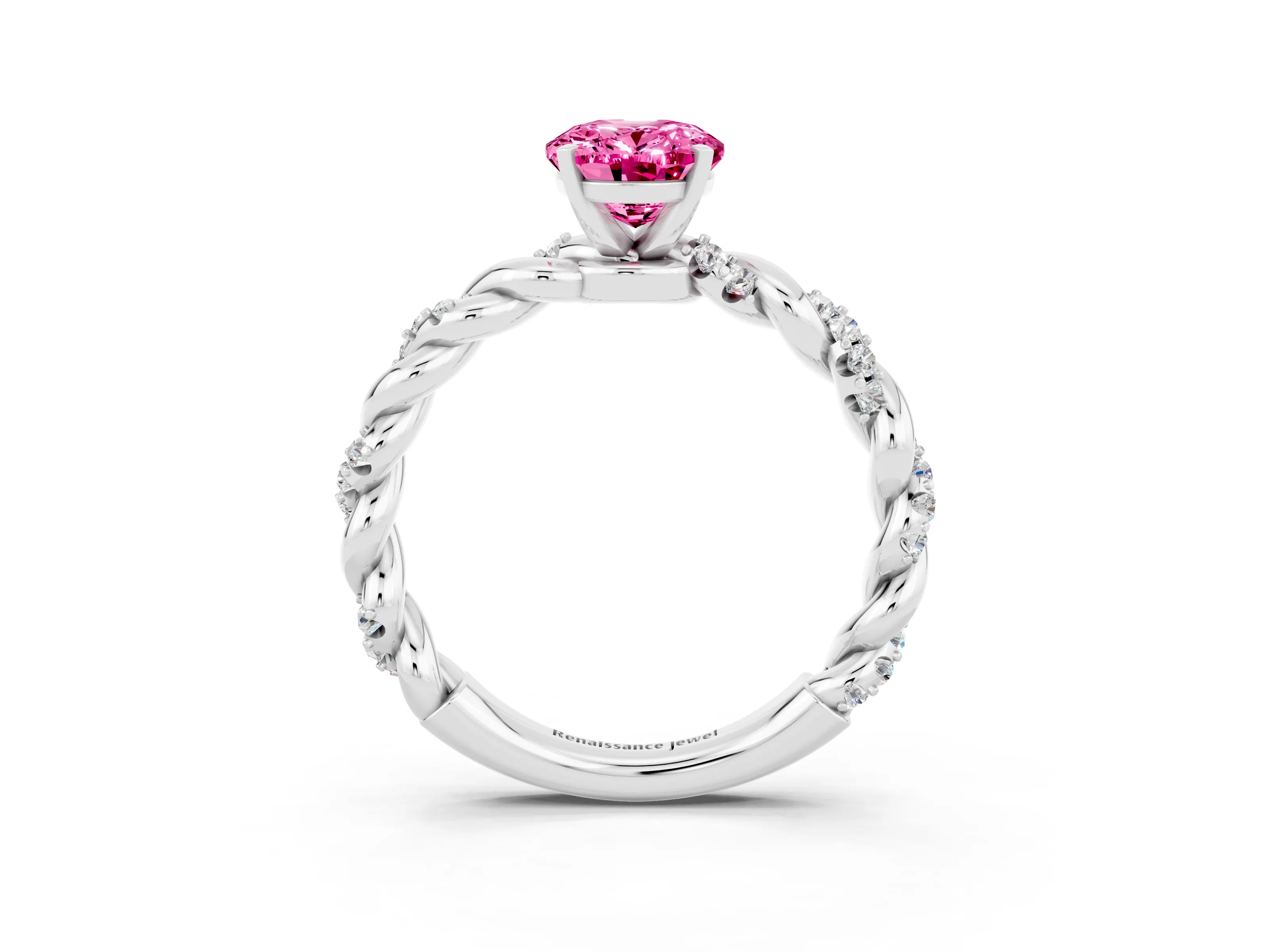 White gold Oval Cut Pink Sapphire Solitaire Ring with Twisted Band and Pavé Accents_3