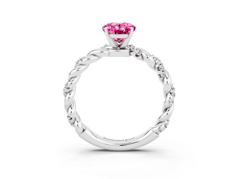 White gold Oval Cut Pink Sapphire Solitaire Ring with Twisted Band and Pavé Accents_3