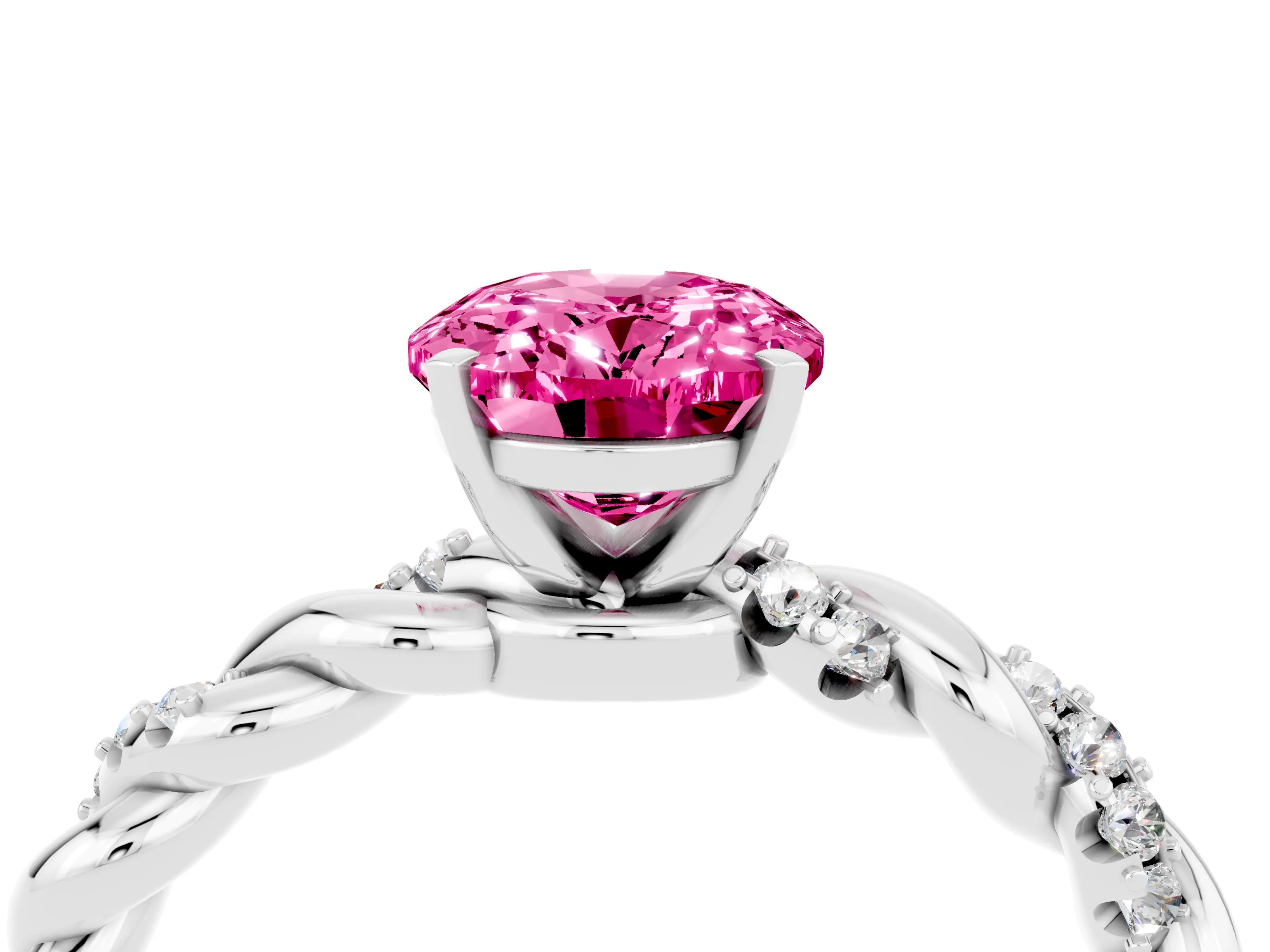 White gold Oval Cut Pink Sapphire Solitaire Ring with Twisted Band and Pavé Accents_4