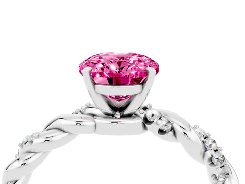 White gold Oval Cut Pink Sapphire Solitaire Ring with Twisted Band and Pavé Accents_4