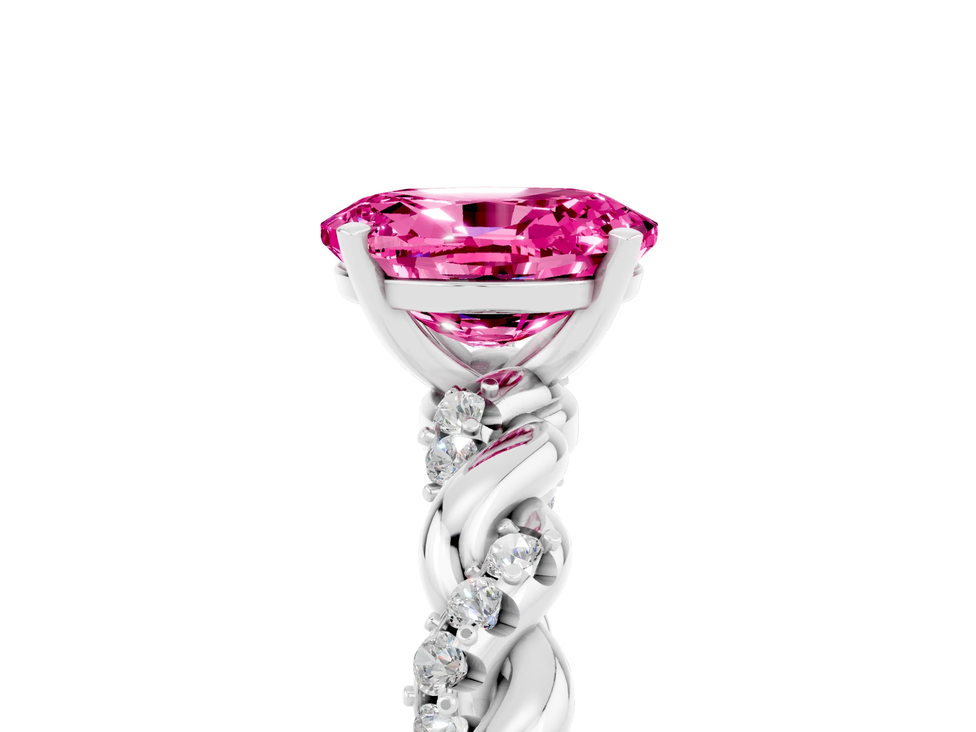 White gold Oval Cut Pink Sapphire Solitaire Ring with Twisted Band and Pavé Accents_5