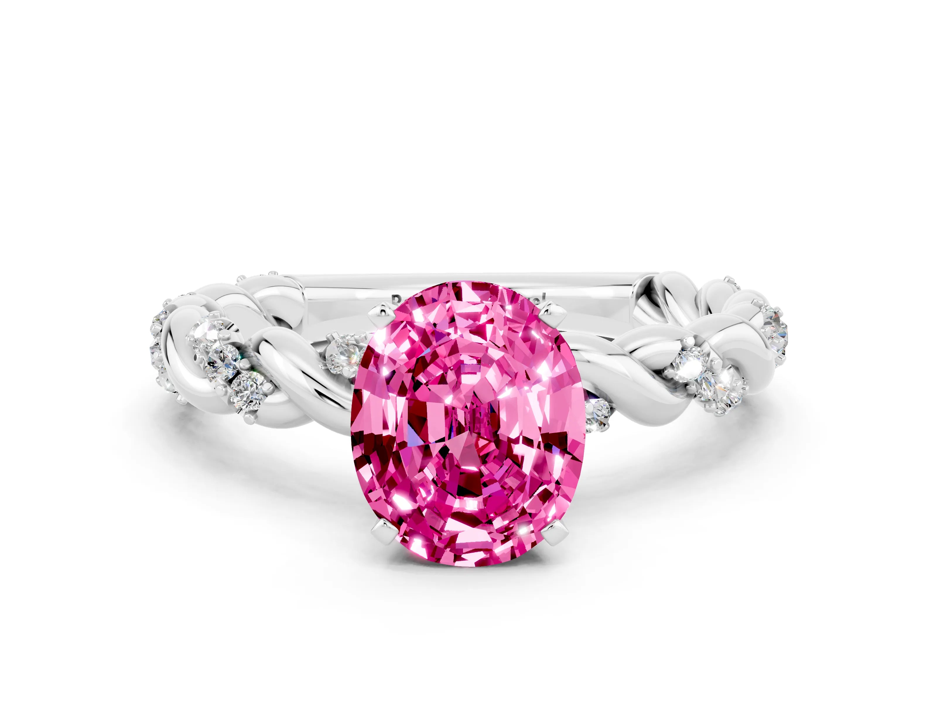 White gold Oval Cut Pink Sapphire Solitaire Ring with Twisted Band and Pavé Accents