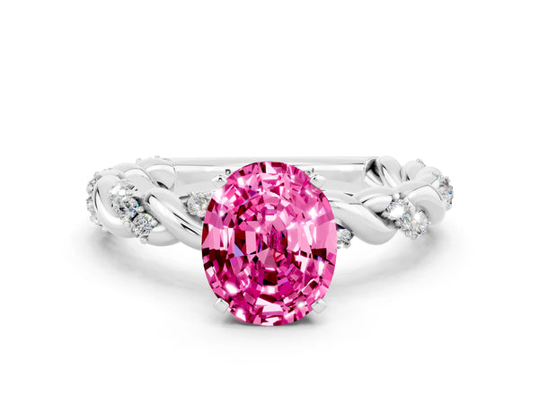 Silver Oval Cut Pink Sapphire Solitaire Ring with Twisted Band and Pavé Accents