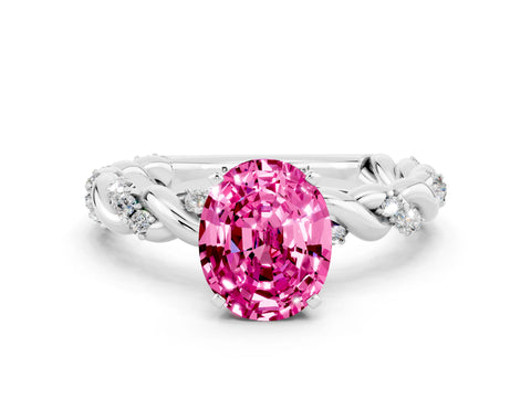White gold Oval Cut Pink Sapphire Solitaire Ring with Twisted Band and Pavé Accents