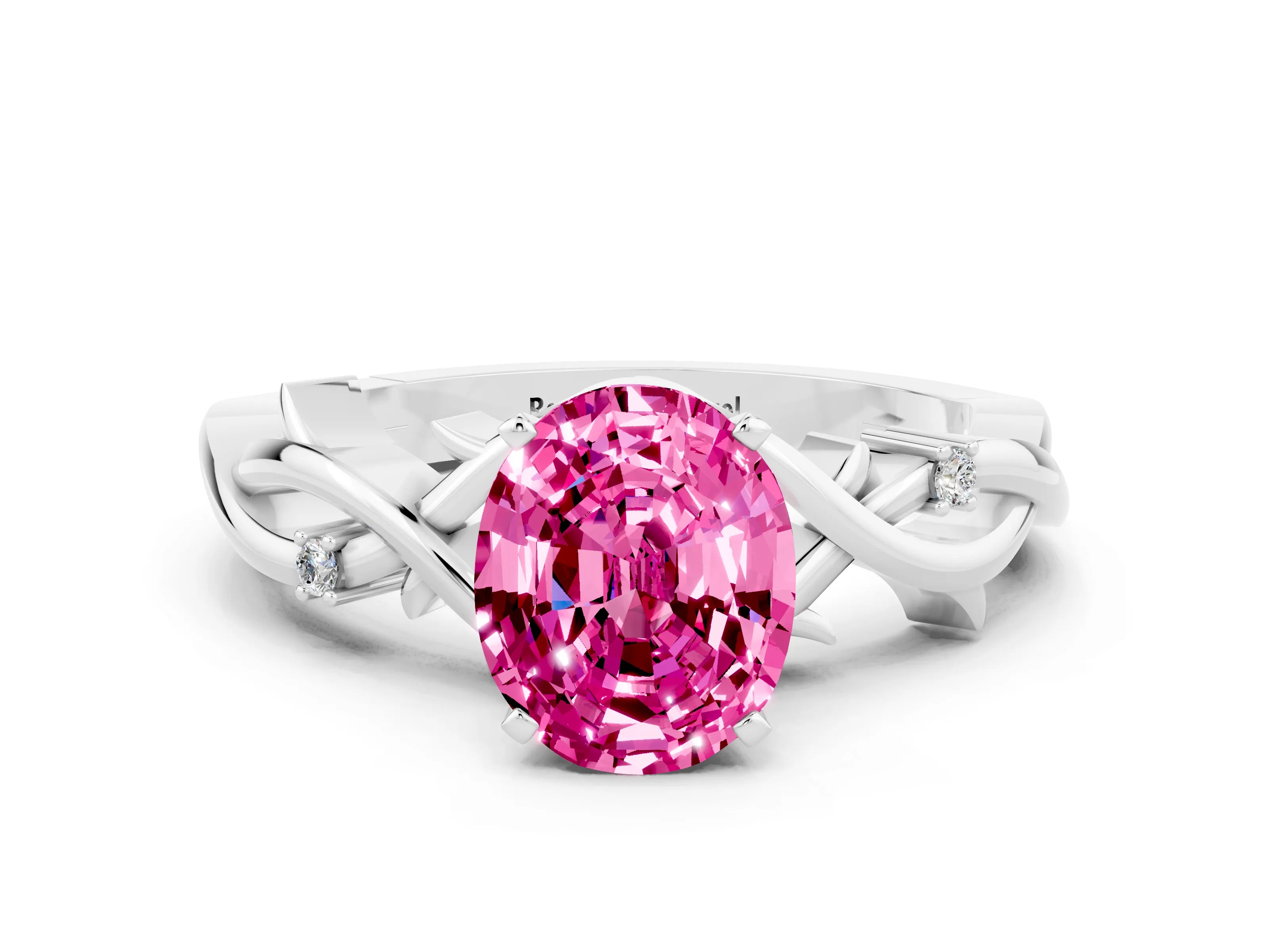 White gold Oval Cut Pink Sapphire Solitaire Ring with Twisted Band and Prong Setting