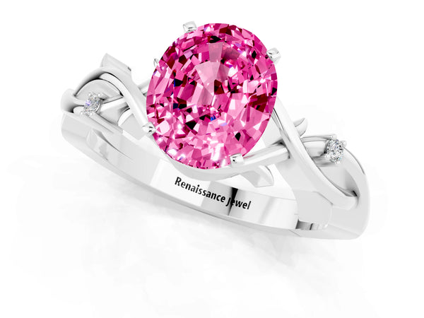 Platinum Oval Cut Pink Sapphire Solitaire Ring with Twisted Band and Prong Setting