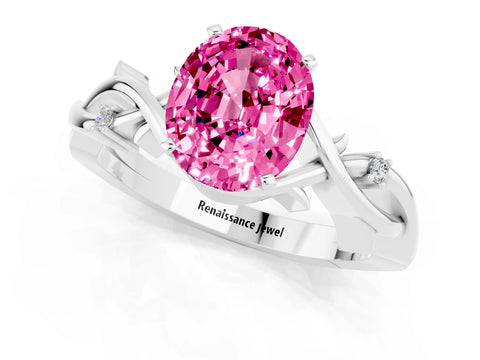 White gold Oval Cut Pink Sapphire Solitaire Ring with Twisted Band and Prong Setting_13