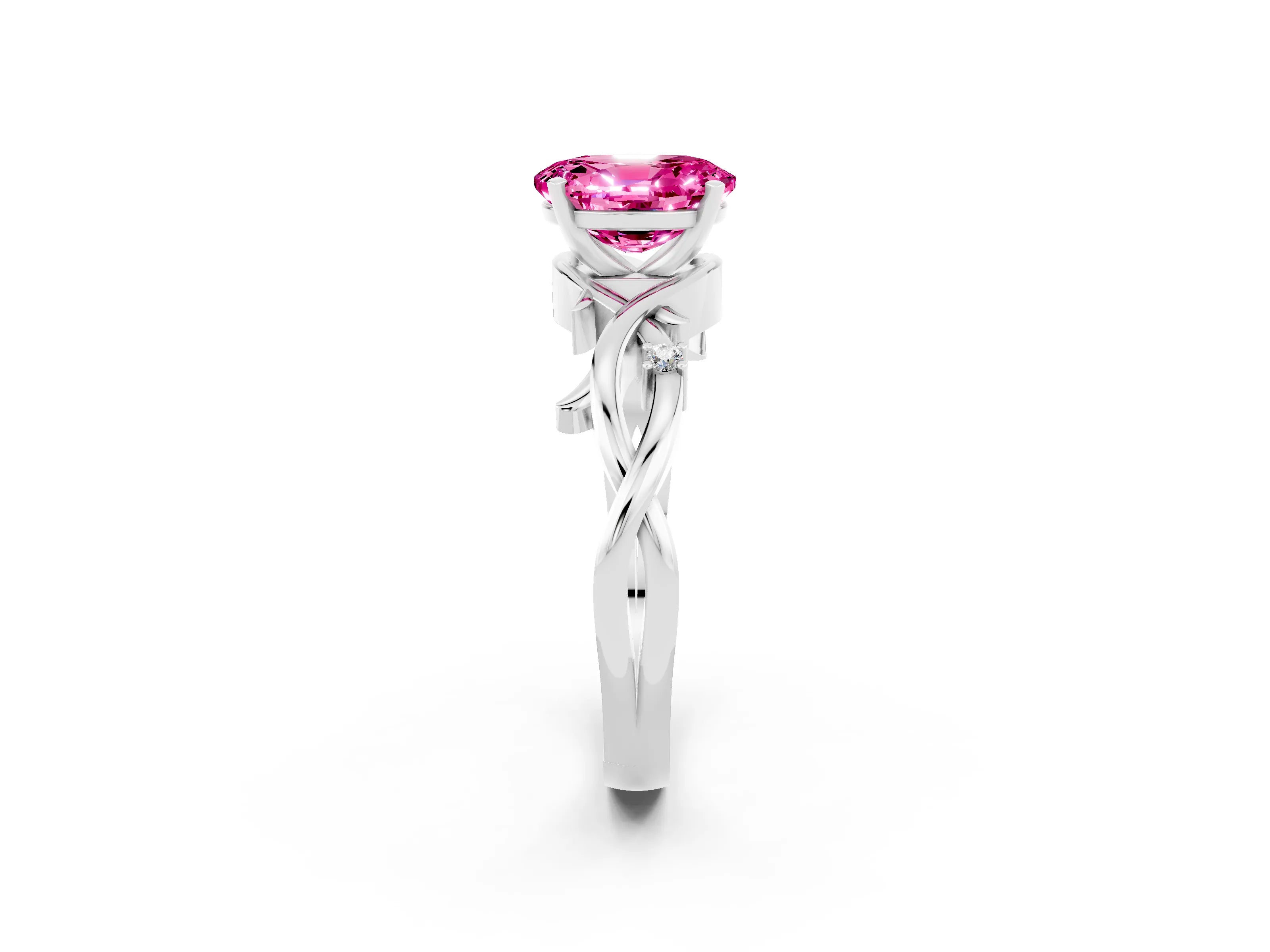 White gold Oval Cut Pink Sapphire Solitaire Ring with Twisted Band and Prong Setting_2