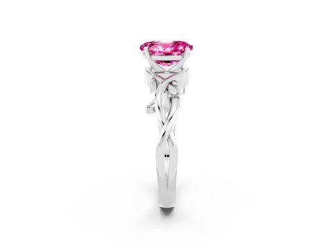 White gold Oval Cut Pink Sapphire Solitaire Ring with Twisted Band and Prong Setting_2