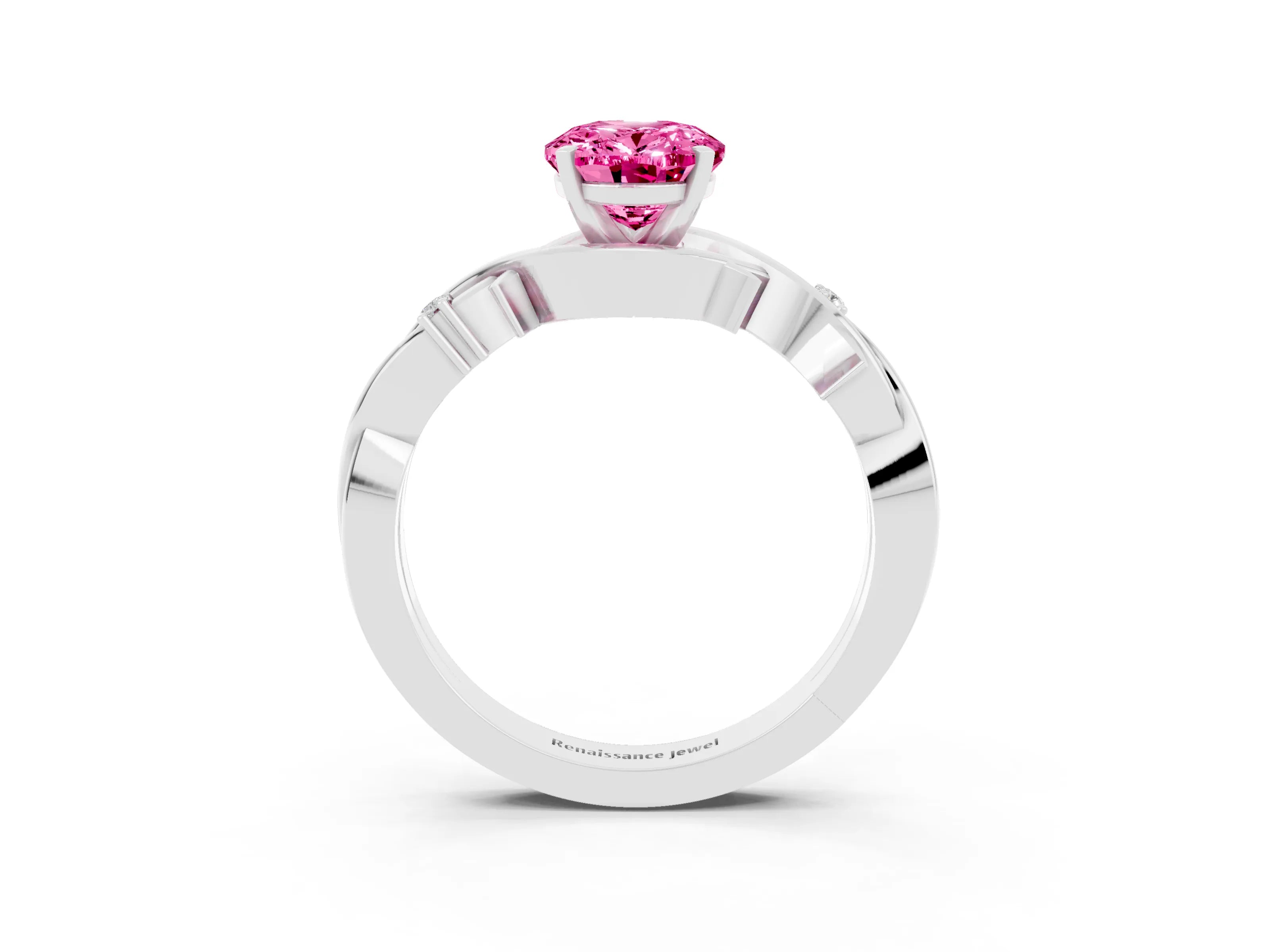 White gold Oval Cut Pink Sapphire Solitaire Ring with Twisted Band and Prong Setting_3