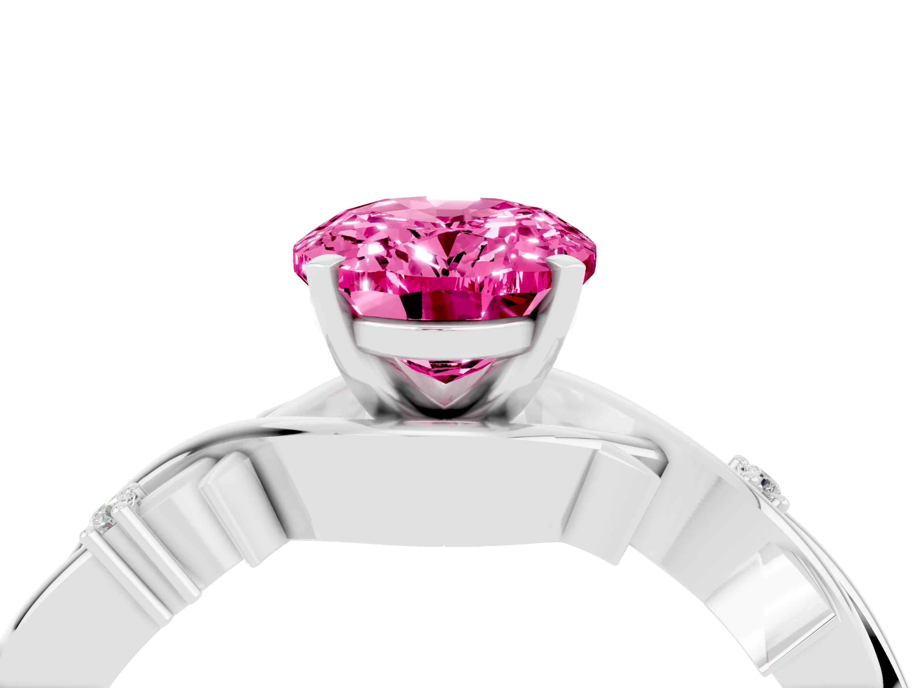 White gold Oval Cut Pink Sapphire Solitaire Ring with Twisted Band and Prong Setting_4