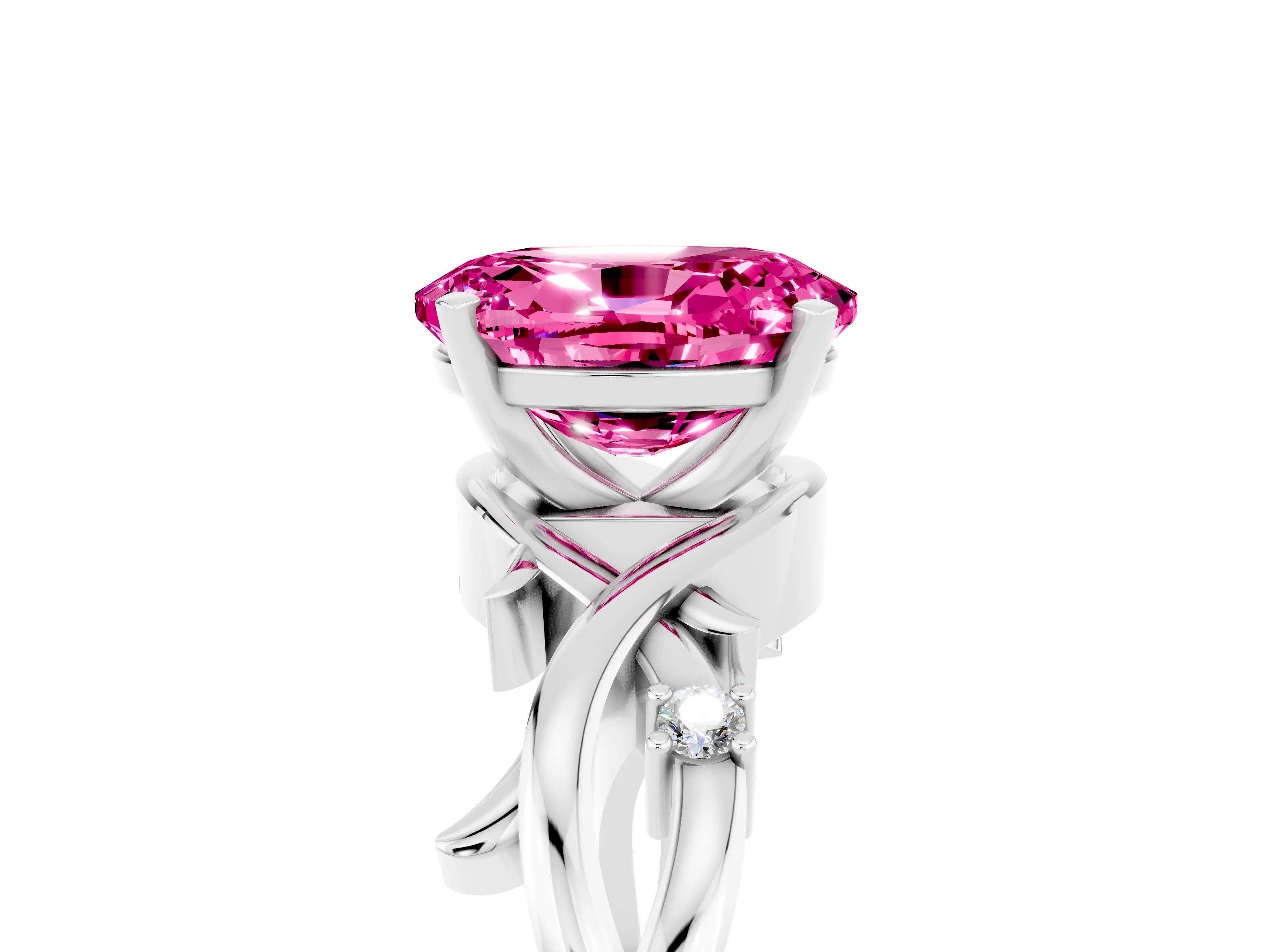 White gold Oval Cut Pink Sapphire Solitaire Ring with Twisted Band and Prong Setting_5