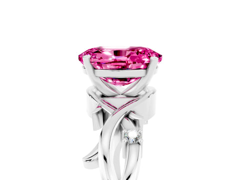 White gold Oval Cut Pink Sapphire Solitaire Ring with Twisted Band and Prong Setting_5