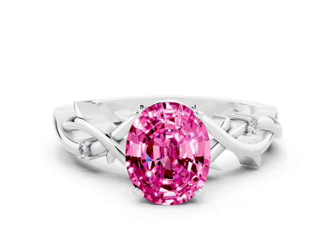White gold Oval Cut Pink Sapphire Solitaire Ring with Twisted Band and Prong Setting
