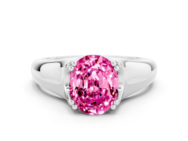 Silver Oval Cut Pink Sapphire Solitaire Ring with Wide Band and Prong Setting