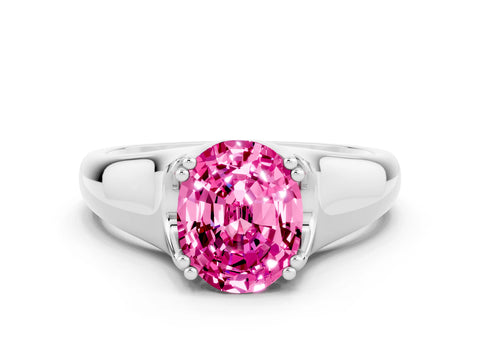 White gold Oval Cut Pink Sapphire Solitaire Ring with Wide Band and Prong Setting_24
