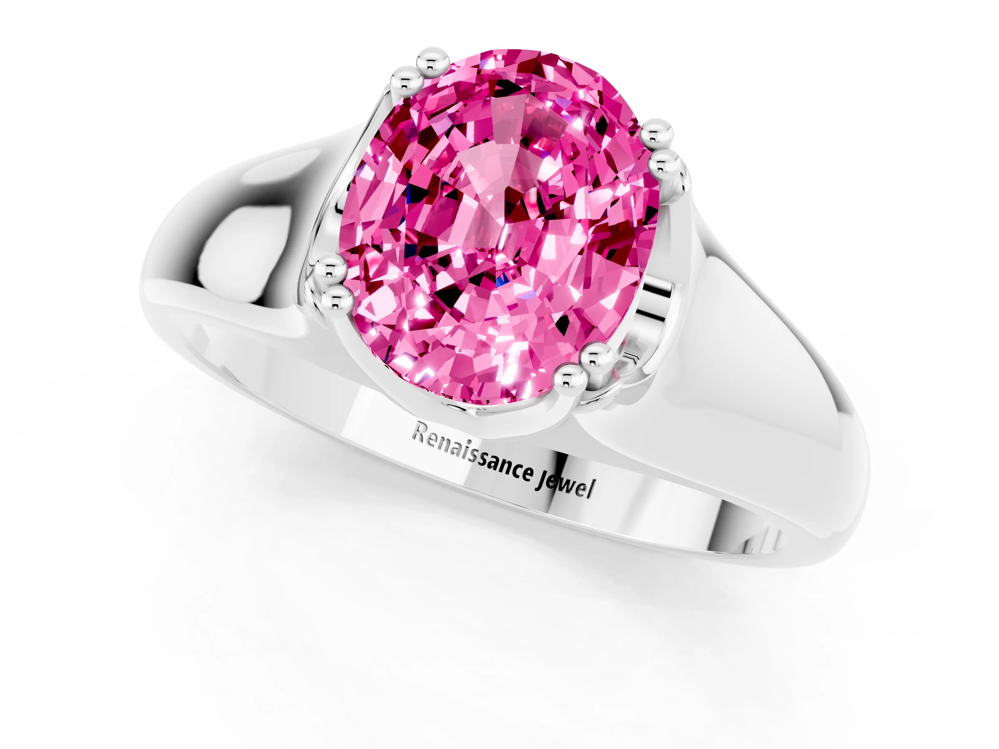 White gold Oval Cut Pink Sapphire Solitaire Ring with Wide Band and Prong Setting_25