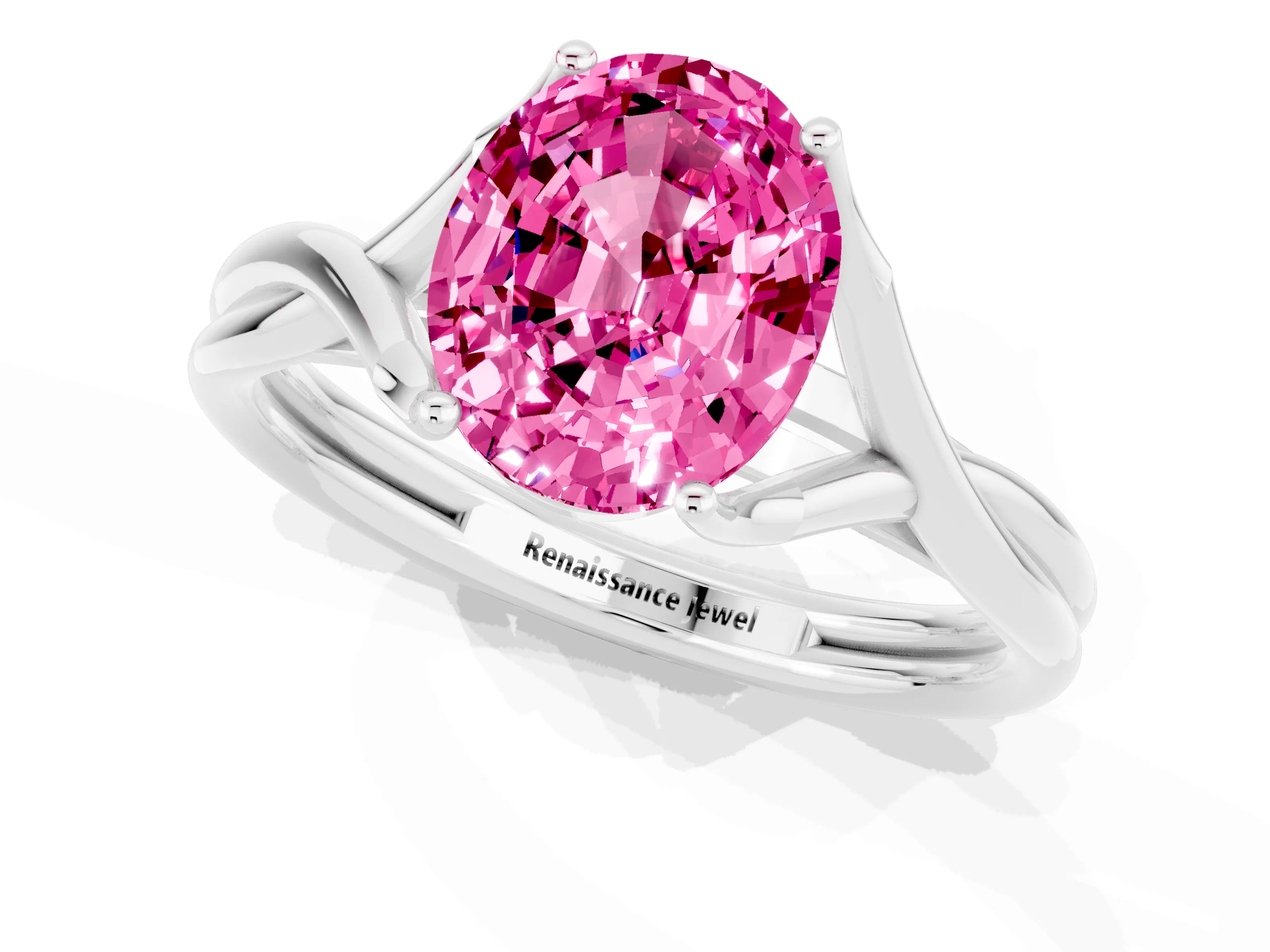 White gold Oval Cut Pink Sapphire Solitaire Twist Band Prong Setting Ring_85