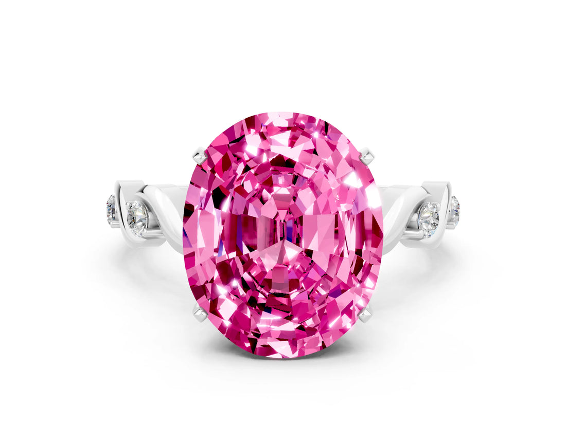White gold Oval Cut Pink Sapphire Solitaire Twisted Band with Round  Accents and Prong Setting_12
