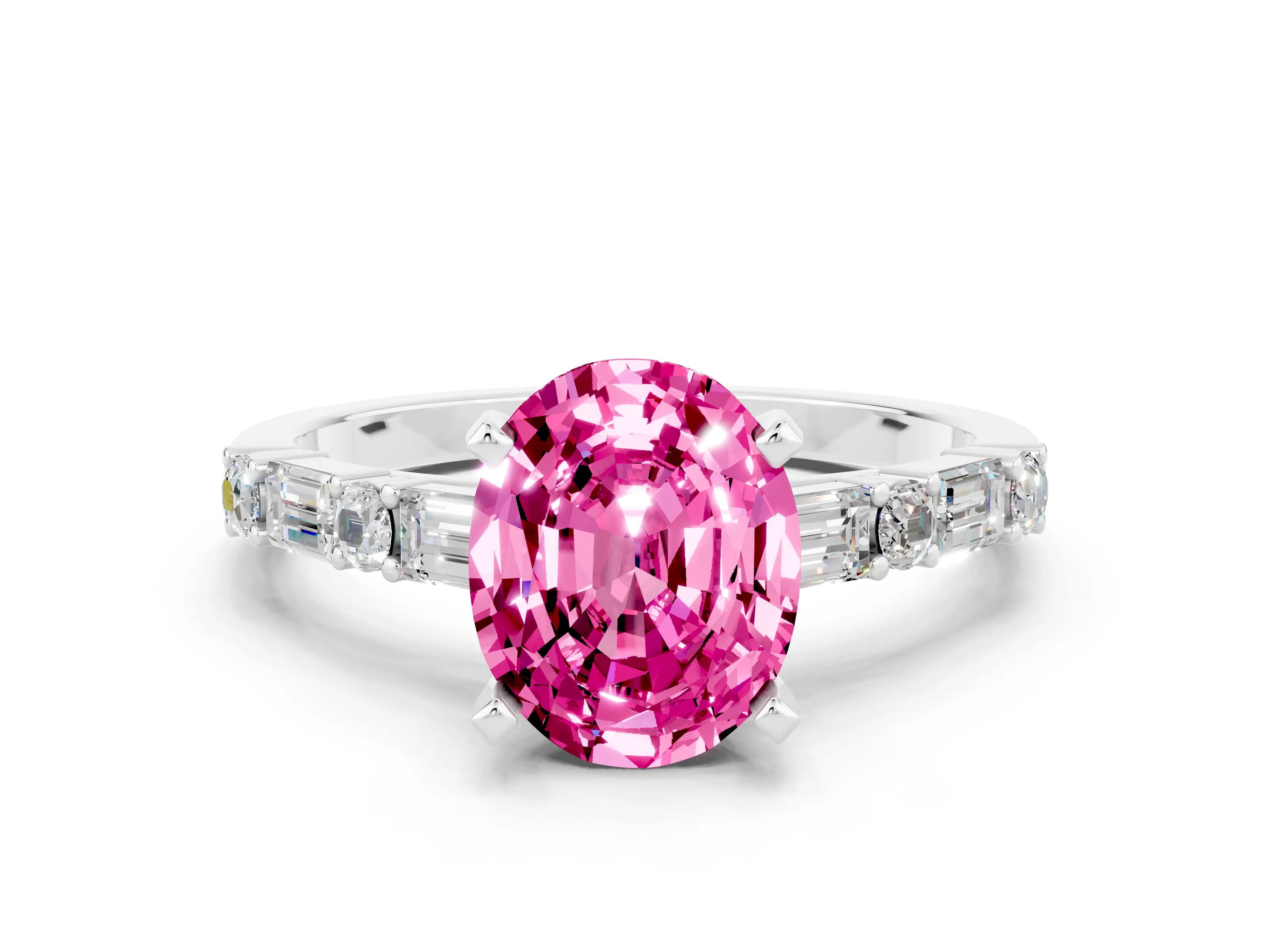 White gold Oval Cut Pink Sapphire Solitaire with Side Baguettes and Channel Set Band_24