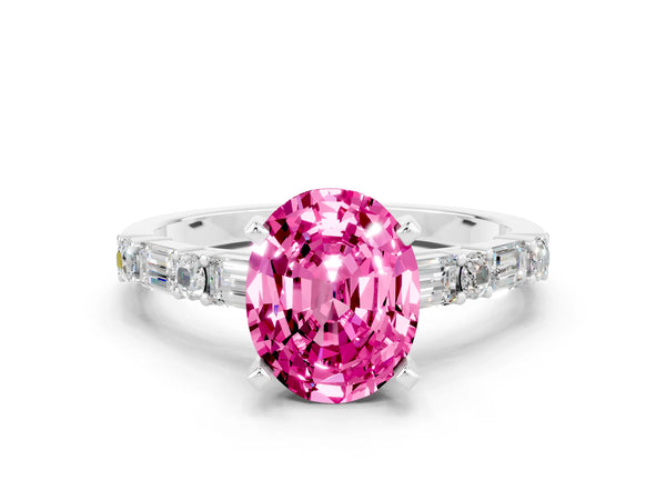 White gold Oval Cut Pink Sapphire Solitaire with Side Baguettes and Channel Set Band