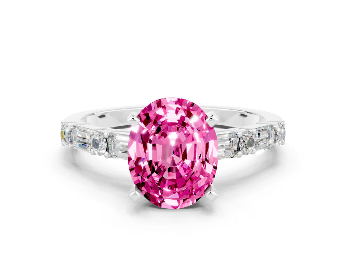 White gold Oval Cut Pink Sapphire Solitaire with Side Baguettes and Channel Set Band_24