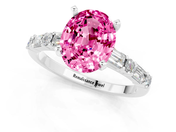 Platinum Oval Cut Pink Sapphire Solitaire with Side Baguettes and Channel Set Band