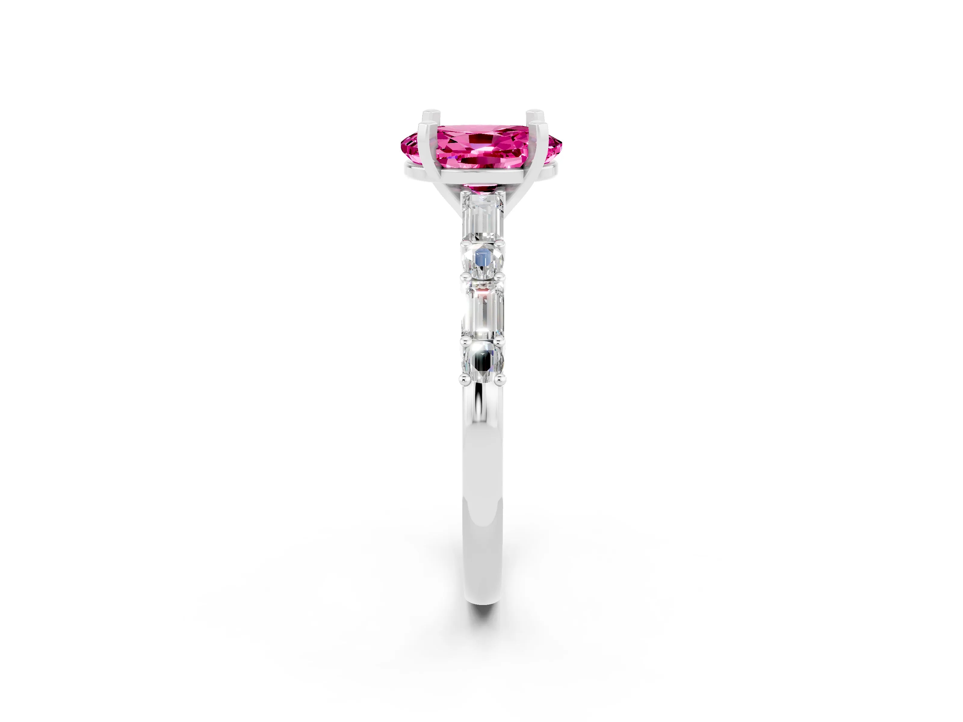 White gold Oval Cut Pink Sapphire Solitaire with Side Baguettes and Channel Set Band_26