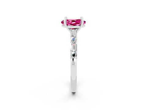 White gold Oval Cut Pink Sapphire Solitaire with Side Baguettes and Channel Set Band_26