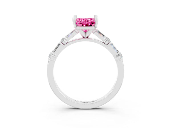 Platinum Oval Cut Pink Sapphire Solitaire with Side Baguettes and Channel Set Band
