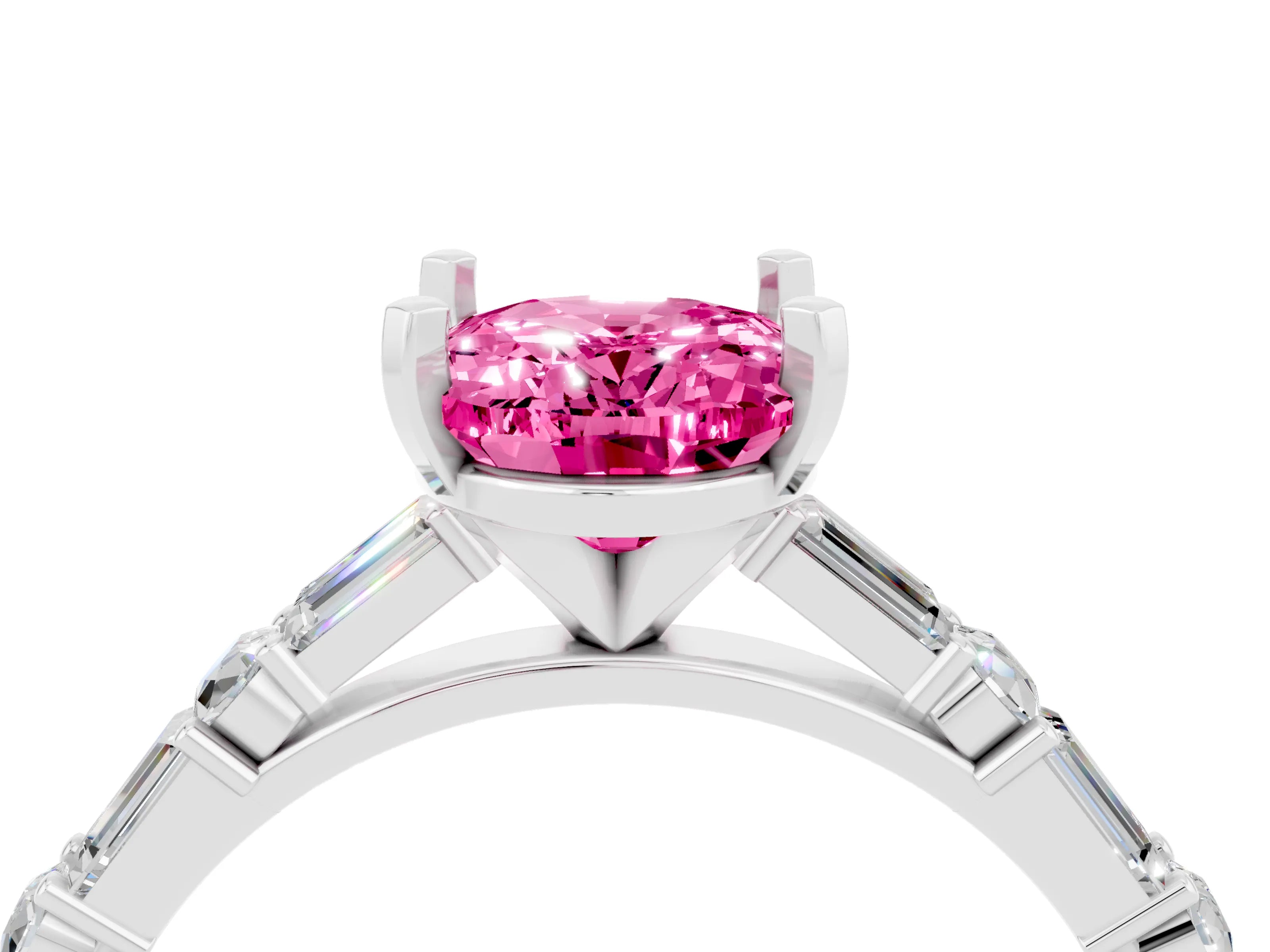 White gold Oval Cut Pink Sapphire Solitaire with Side Baguettes and Channel Set Band_28
