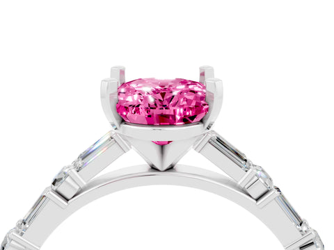 White gold Oval Cut Pink Sapphire Solitaire with Side Baguettes and Channel Set Band_28
