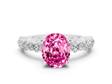White gold Oval Cut Pink Sapphire Solitaire with Side Stones, Pave Band, Four-Prong Setting_60