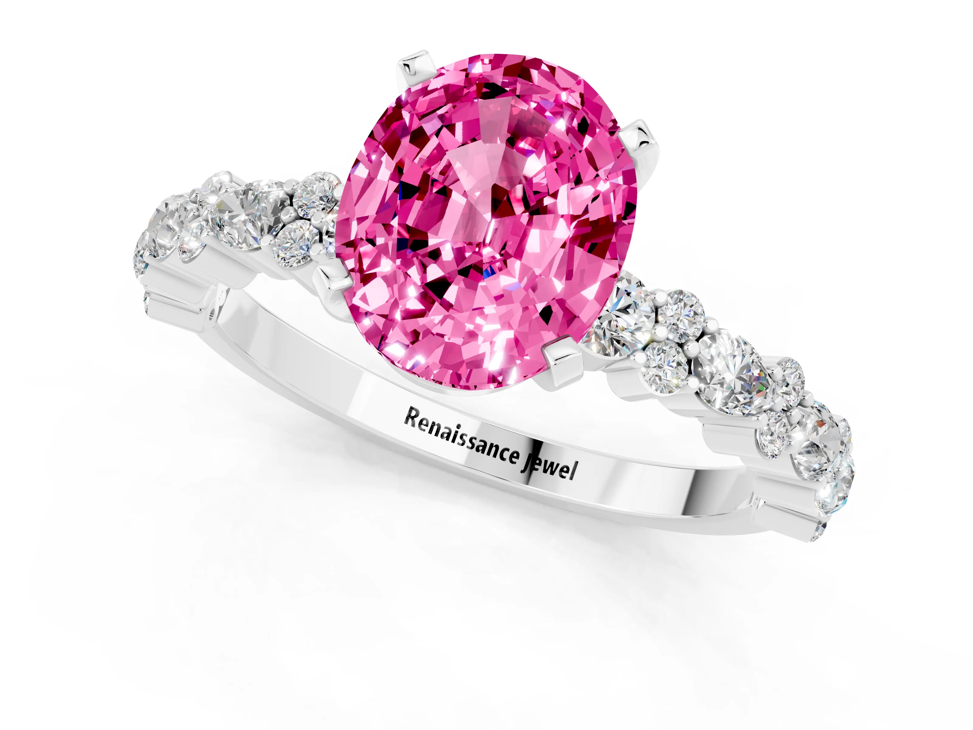 White gold Oval Cut Pink Sapphire Solitaire with Side Stones, Pave Band, Four-Prong Setting_61