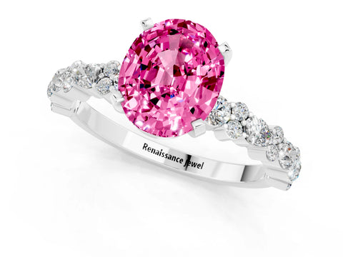 White gold Oval Cut Pink Sapphire Solitaire with Side Stones, Pave Band, Four-Prong Setting_61