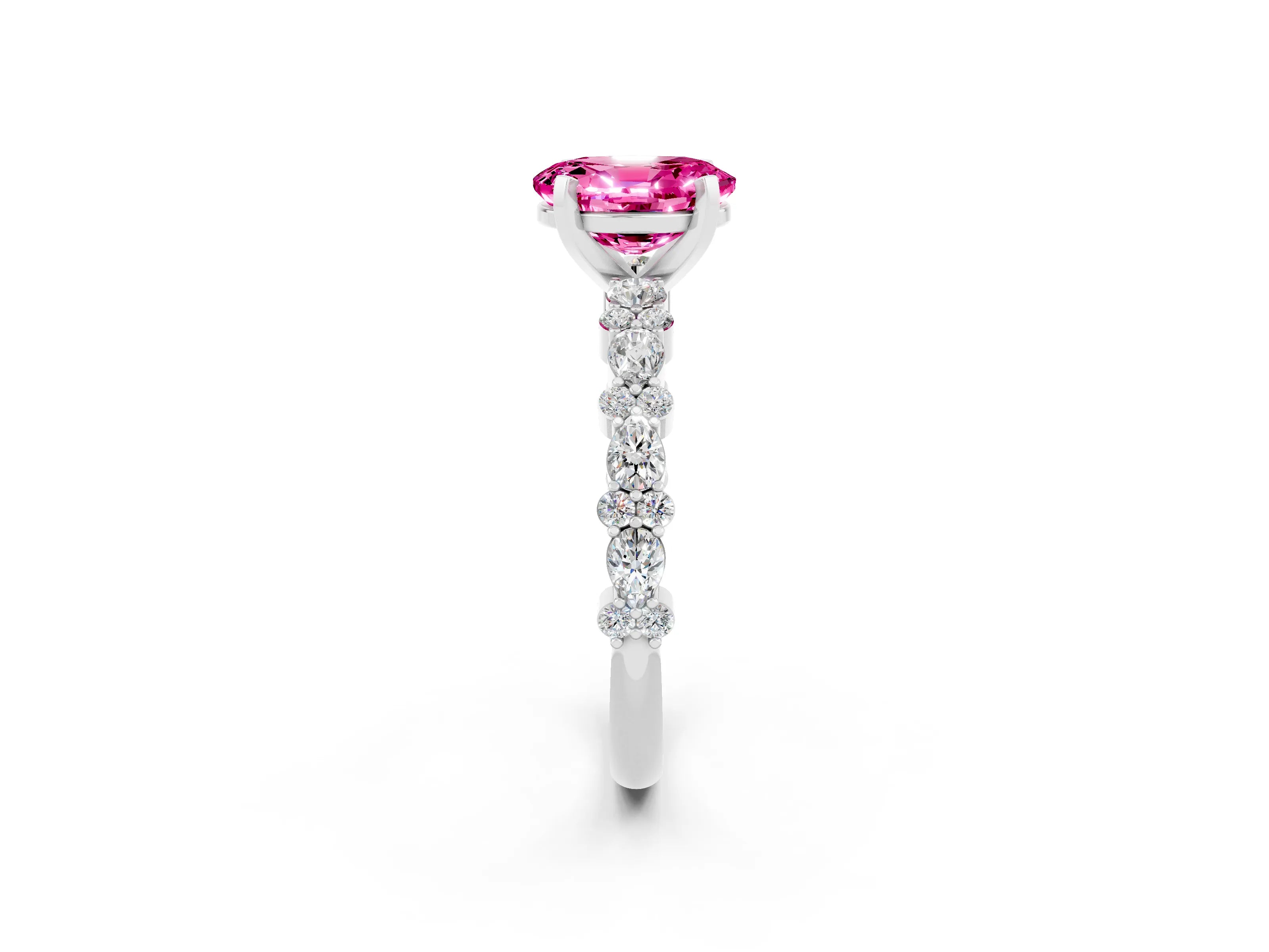 White gold Oval Cut Pink Sapphire Solitaire with Side Stones, Pave Band, Four-Prong Setting_62
