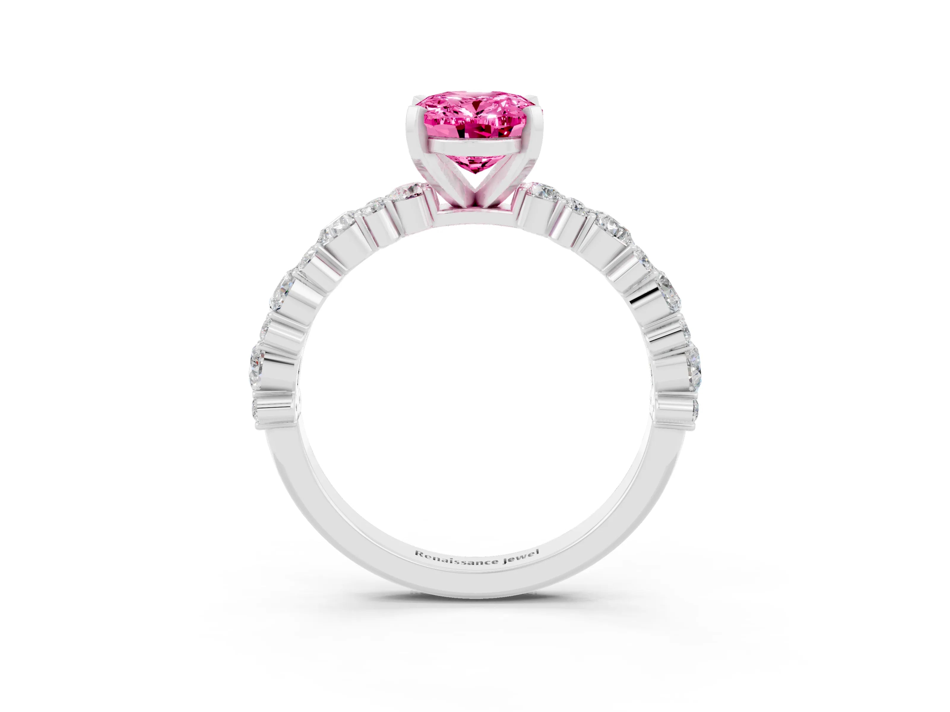 White gold Oval Cut Pink Sapphire Solitaire with Side Stones, Pave Band, Four-Prong Setting_63