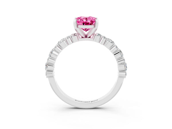 White gold Oval Cut Pink Sapphire Side Stone Solitaire Ring with Round  and Four-Prong Setting