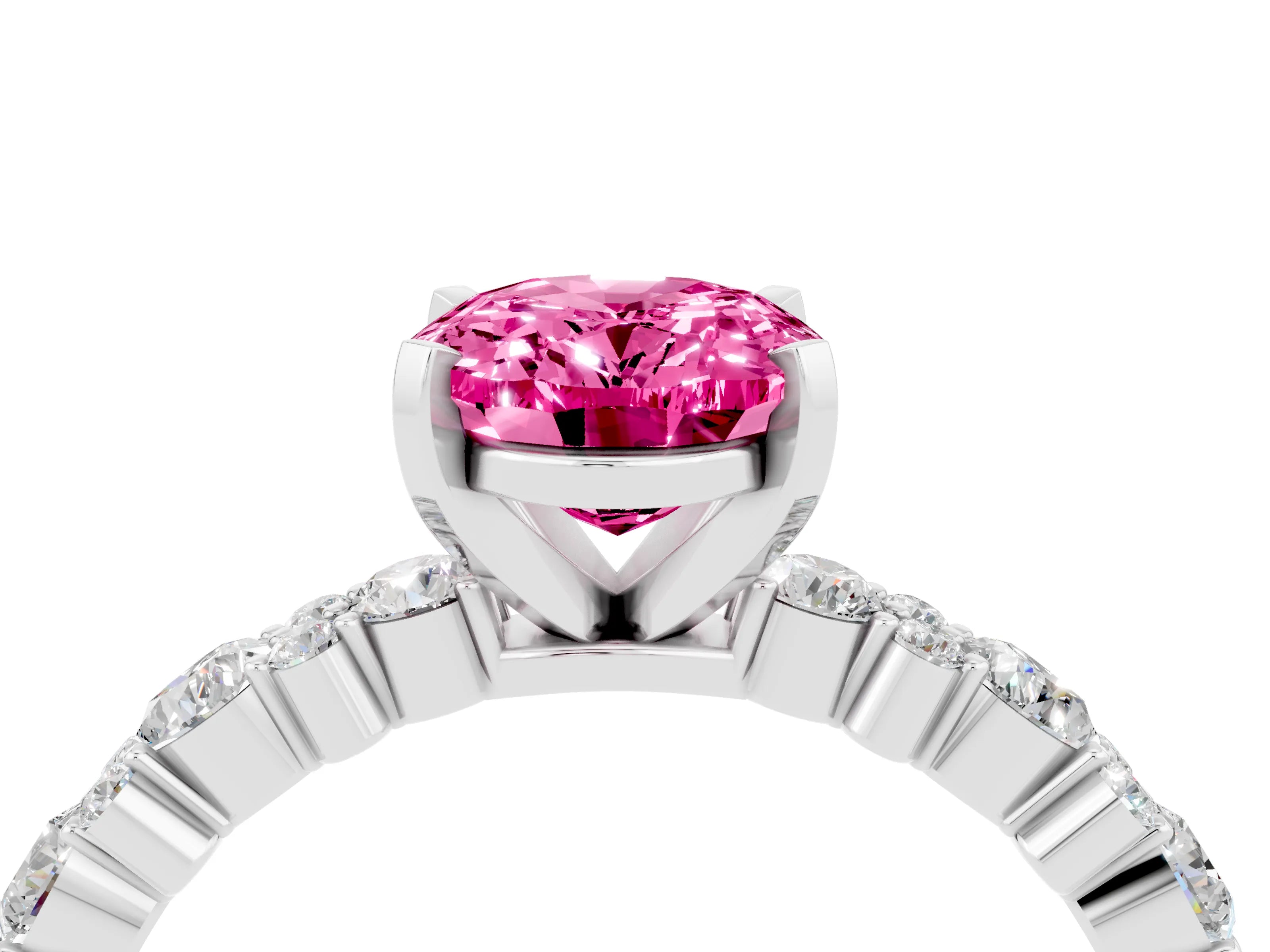 White gold Oval Cut Pink Sapphire Solitaire with Side Stones, Pave Band, Four-Prong Setting_64