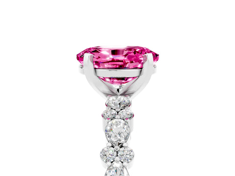 White gold Oval Cut Pink Sapphire Solitaire with Side Stones, Pave Band, Four-Prong Setting_65