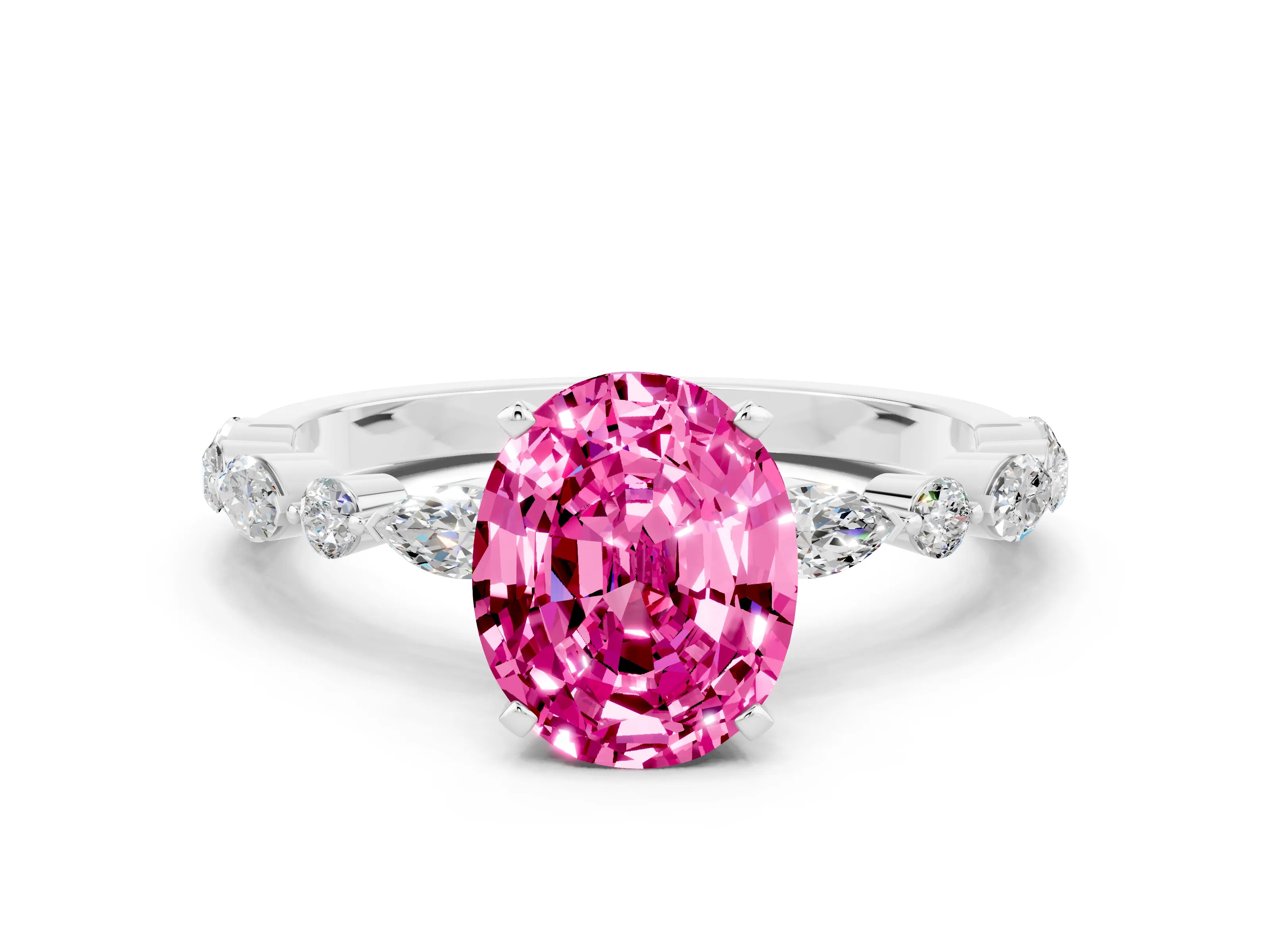 White gold Oval Cut Pink Sapphire Solitaire with Side Stones on a Pavé Band and Four-Prong Setting_24