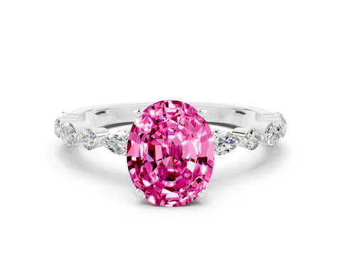 White gold Oval Cut Pink Sapphire Solitaire with Side Stones on a Pavé Band and Four-Prong Setting_24