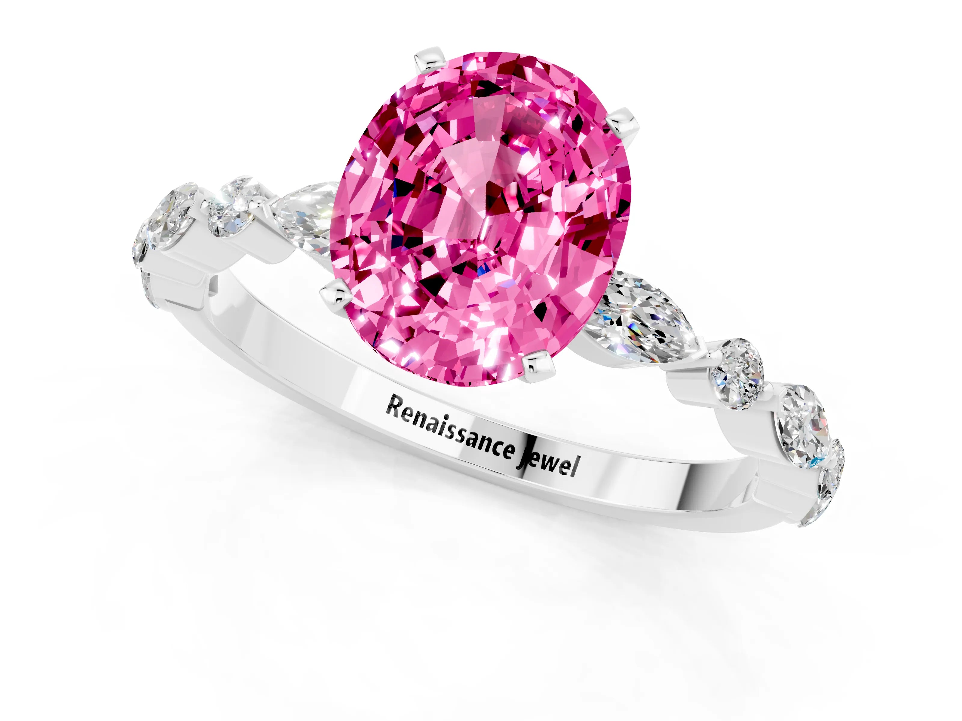 White gold Oval Cut Pink Sapphire Solitaire with Side Stones on a Pavé Band and Four-Prong Setting_25