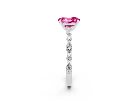 White gold Oval Cut Pink Sapphire Solitaire with Side Stones on a Pavé Band and Four-Prong Setting_26
