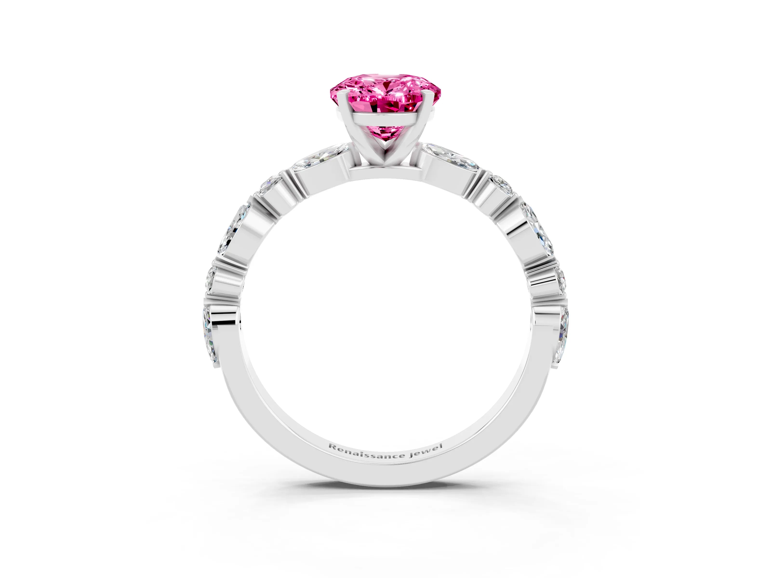 White gold Oval Cut Pink Sapphire Solitaire with Side Stones on a Pavé Band and Four-Prong Setting_27