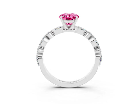 White gold Oval Cut Pink Sapphire Solitaire with Side Stones on a Pavé Band and Four-Prong Setting_27