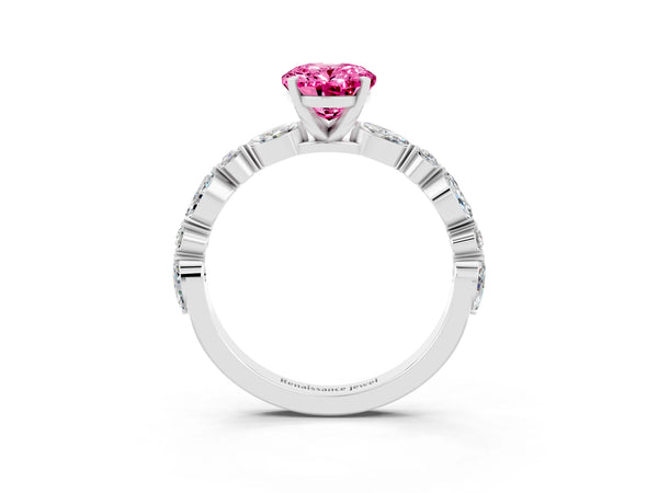 White gold Oval Cut Pink Sapphire Ring with Marquise and Round  Side Stones and Four-Prong Setting