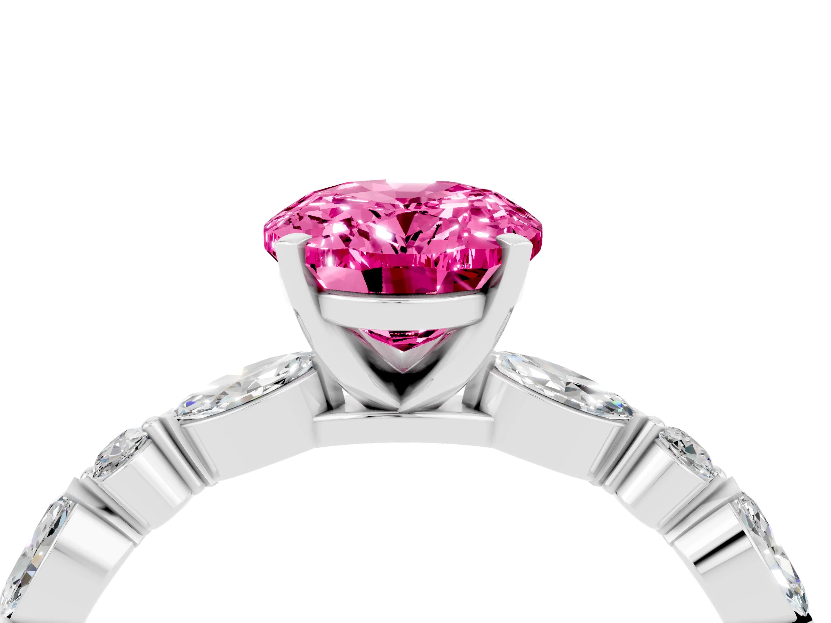 White gold Oval Cut Pink Sapphire Solitaire with Side Stones on a Pavé Band and Four-Prong Setting_28
