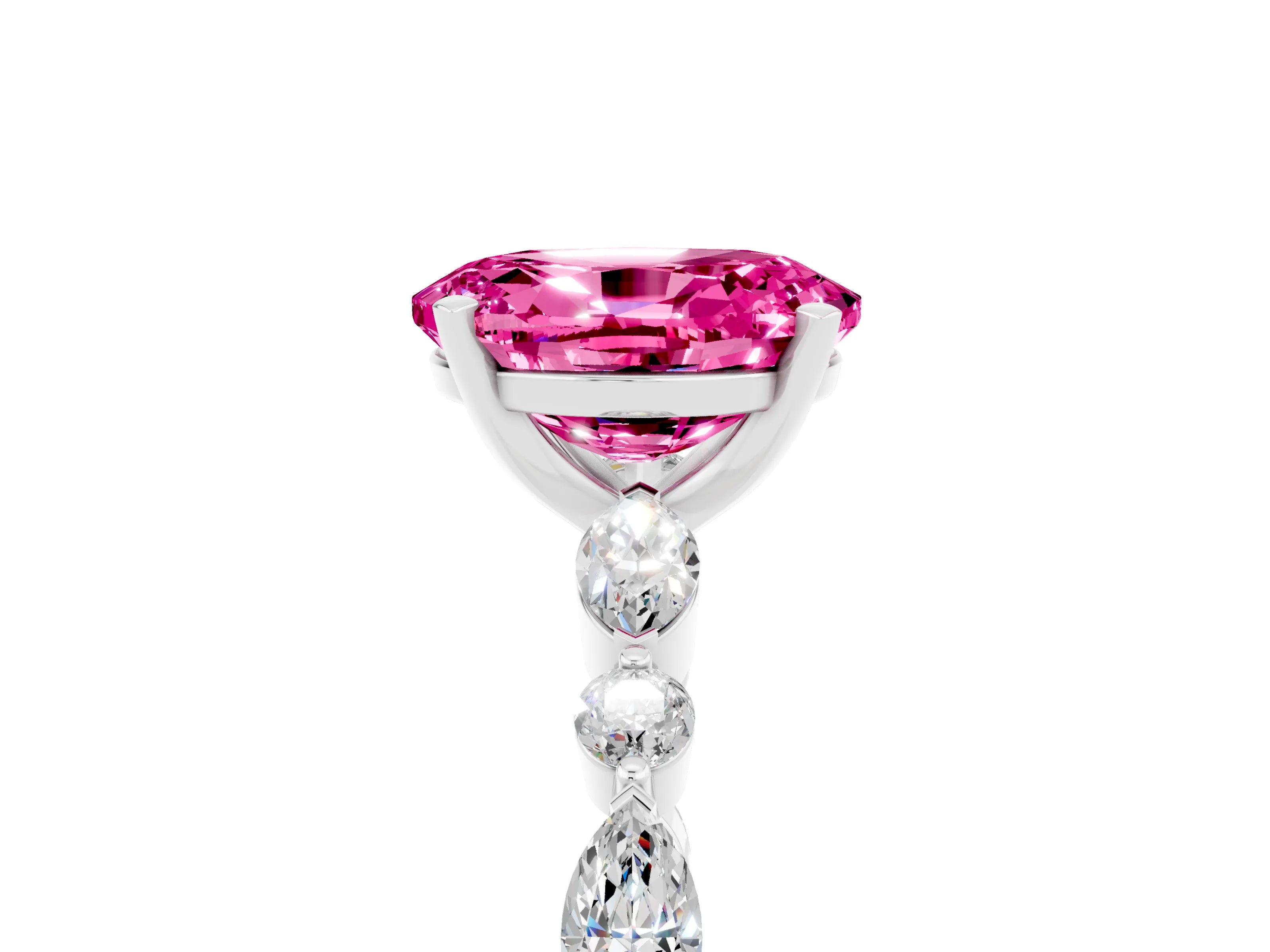 White gold Oval Cut Pink Sapphire Solitaire with Side Stones on a Pavé Band and Four-Prong Setting_29